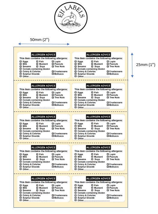 Allergen Warning Labels with tick boxes. 50 x 25mm