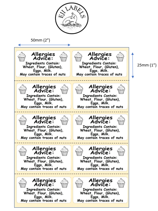 Cupcake allergen Labels. 50 x 25mm