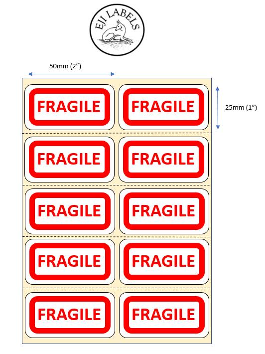 Small Fragile Stickers. 50 x 25mm