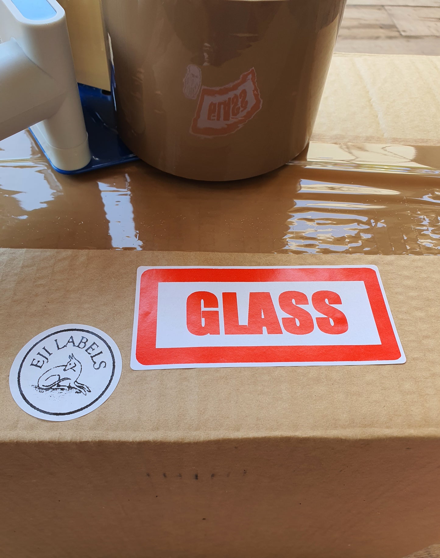 Large Caution "Glass" Stickers. 100 x 50mm