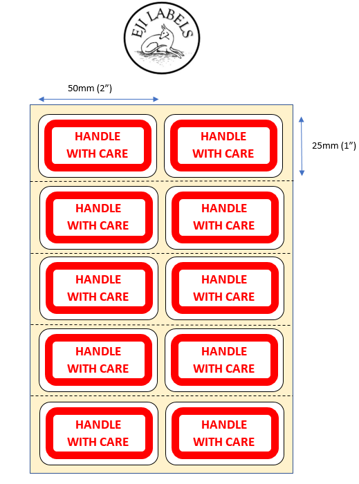 Small Handle with Care Stickers. 50 x 25mm